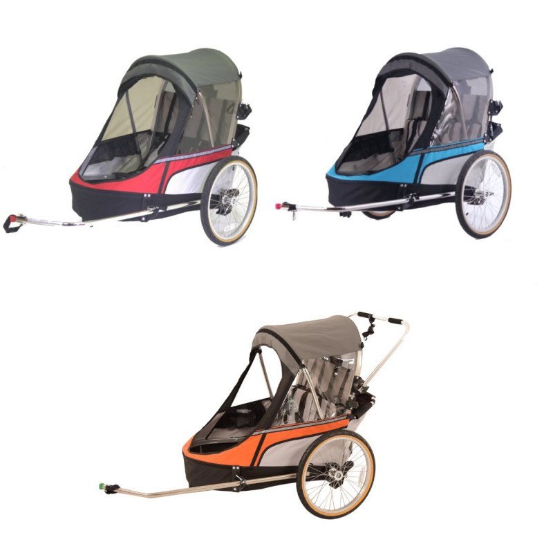 Remorque velo pas cher Wike pour 2 Enfants - Premium Double - Poussette et Kit de Jogging inclus - marine/marron